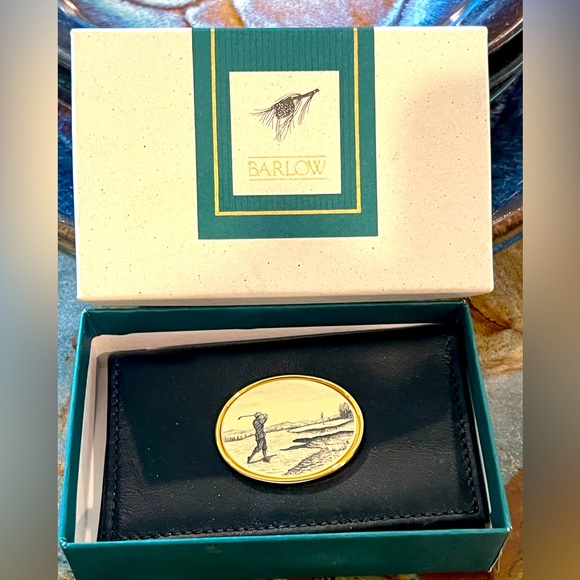 NIB Barlow Golfer Leather Business Card Holder Golf Brass